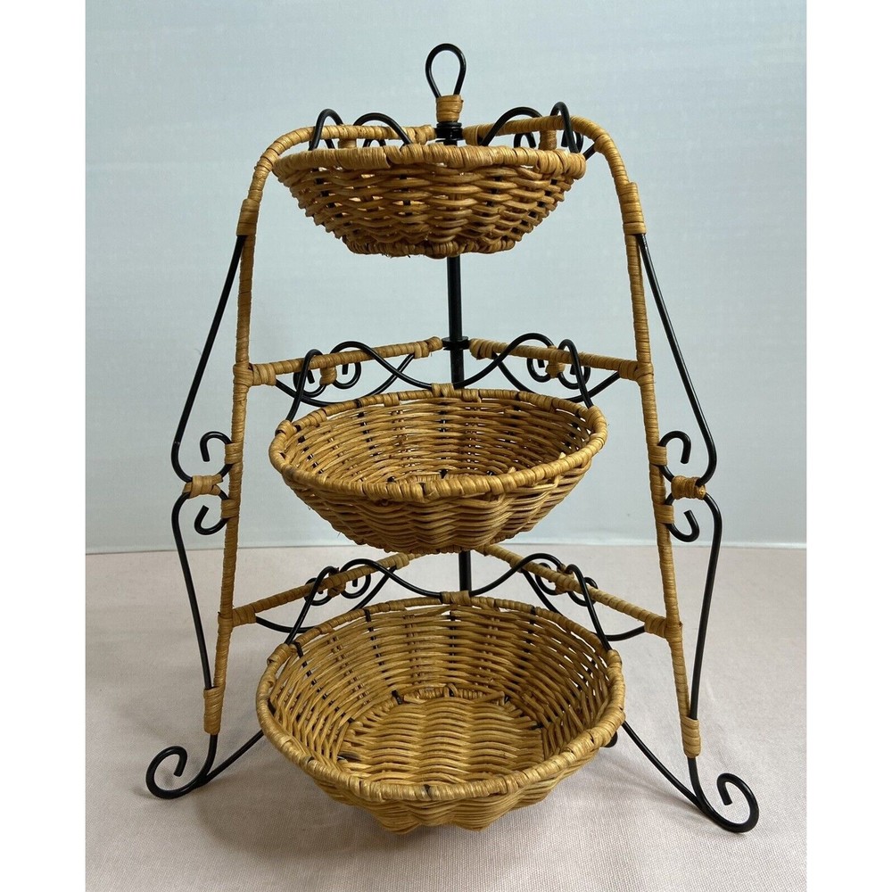 Princess House Three-Tier Wicker Basket Stand - Brown and Black